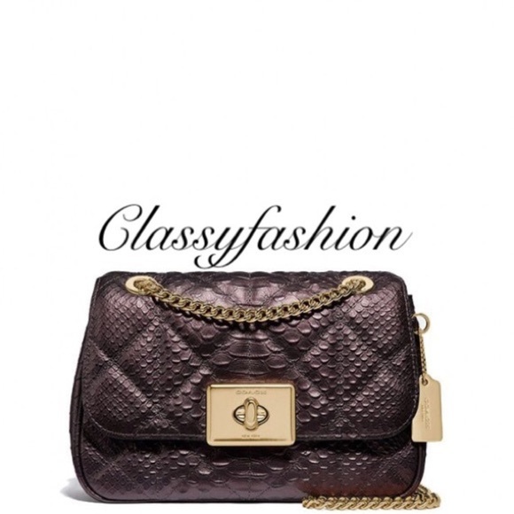 Coach Leather Crossbody Bag Chain Link Quilted Satchel Tote Snakeskin - Picture 5 of 7